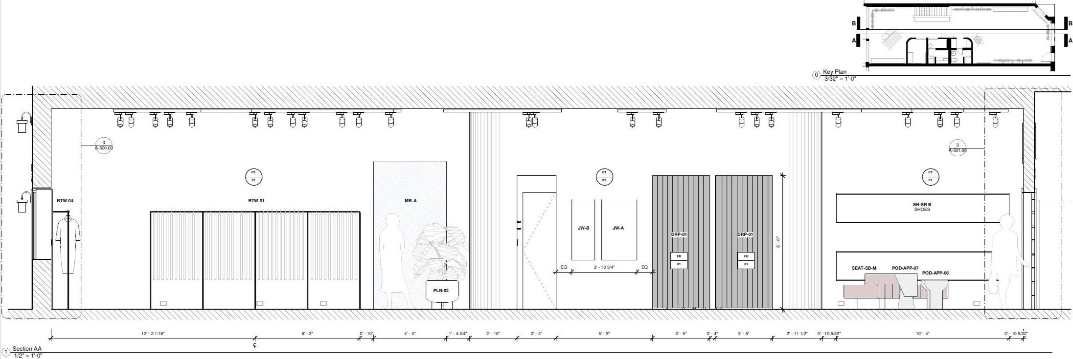 Section AA: full-width interior section showing clothing rai